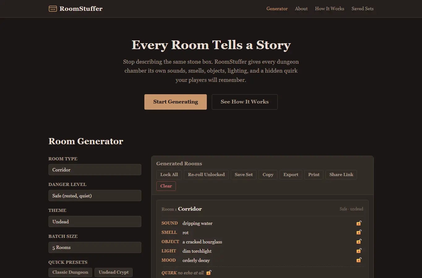 Screenshot of RoomStuffer: Dungeon Dressing Randomizer interface showing the project page in use